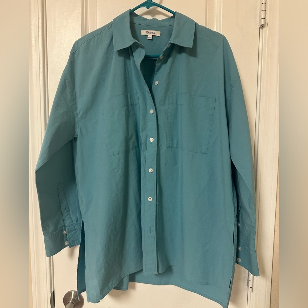 Madewell Teal Long-Sleeve Button-Down Poplin Shirt 💯 Cotton